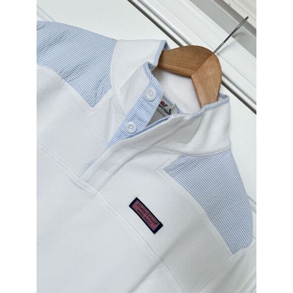 EUC! Womens Vineyard Vines White Blue Seersucker Shep 1/4 Zip Shoulder Large L - Picture 6 of 11